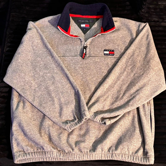 Vintage 1990s Tommy Hilfiger Gray Fleece Quarter 1/4 Zip Sweatshirt Large